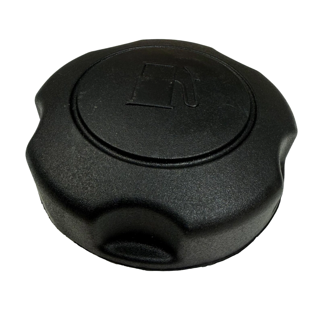 Order a A robust, secure replacement fuel tank cap featuring a durable black plastic outer grip and a silver metal locking base to prevent leaks on your Titan Pro Petrol Sweeper.